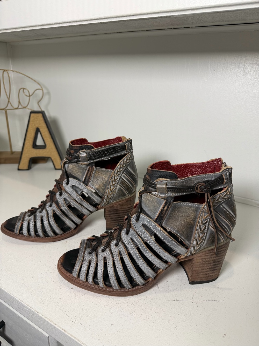 Freebird Womens 9 Leather Cage Gladiator Ankle Boots Western Heels